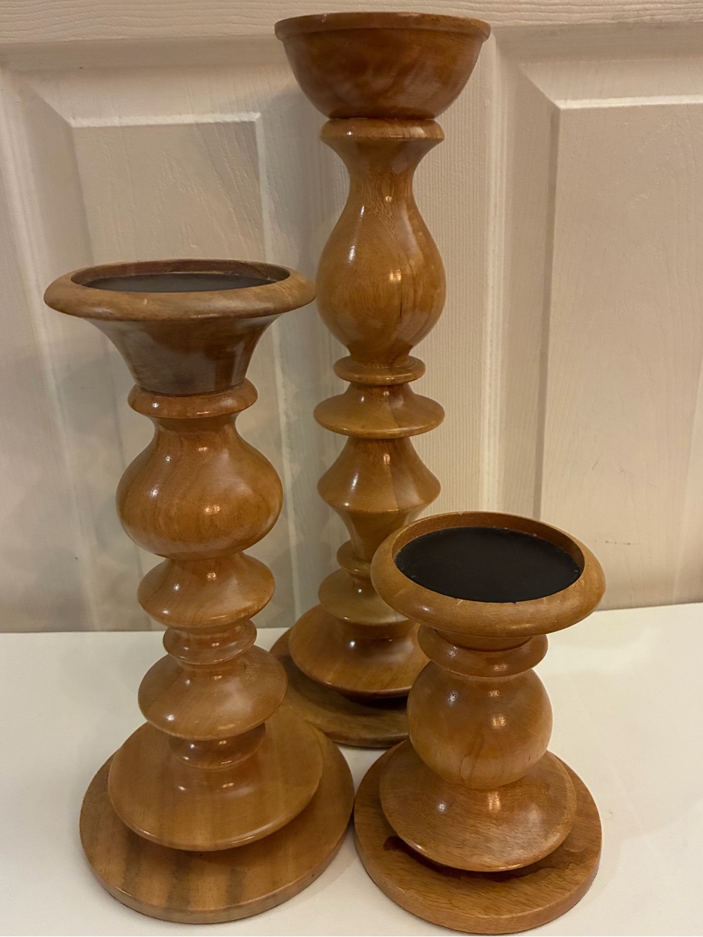 Set Of 3 Pottery Barn Fruitwood Turned Wood Pillar Candle Holders Farmhouse